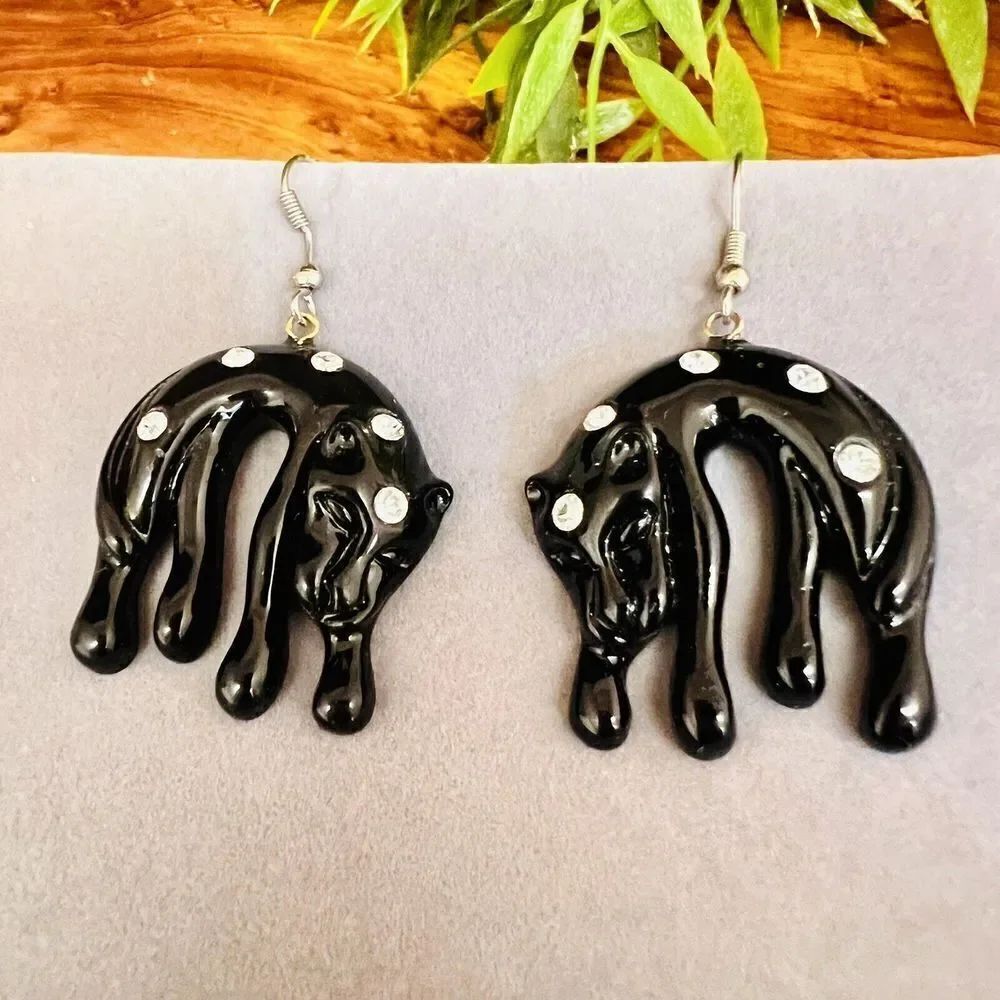 Vintage Hanging Panther Earrings Jaguar Wild Cat Rhinestone Black Lucite